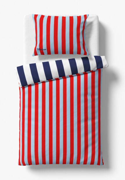 Personalized blanket for children with an original design - blue and red striped.