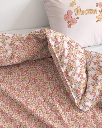 Персонализирано бебешко спално бельо "Цветни сънища" от 100% органичен памук с плик за завивка и калъфка. Персонализирани бебешки чаршафи